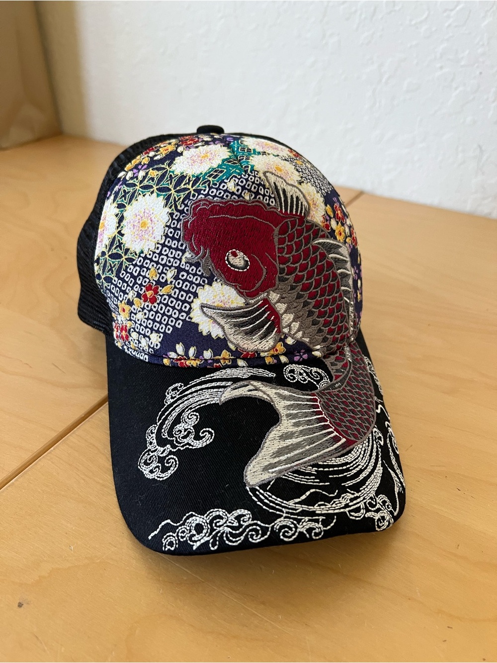 Embroidered Koi Fish Trucker Hat - Black & Multicolor